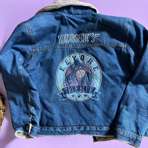 Disney EEYORE True Blue Denim Jean Jacket Faux Fur Lining Women’s Size XL - Picture 1 of 7